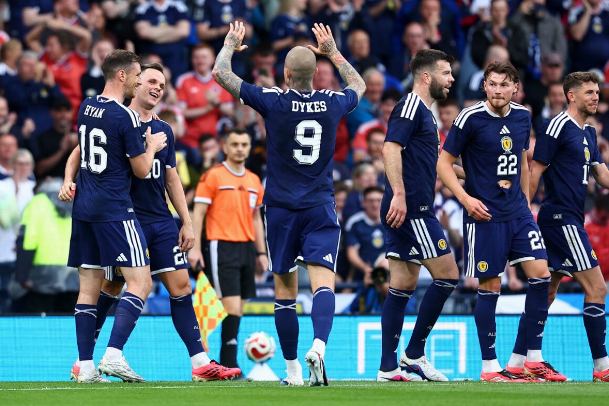 GLASGOW, SCOTLAND - MAY 30: Lawrence Shankland of Scotland celebrates scoring his team's second goal with teammates during the international friendly match between Scotland and Curacao at Hampden Park on May 30, 2026 in Glasgow, Scotland. (Photo by WM Sport Media/Getty Images)